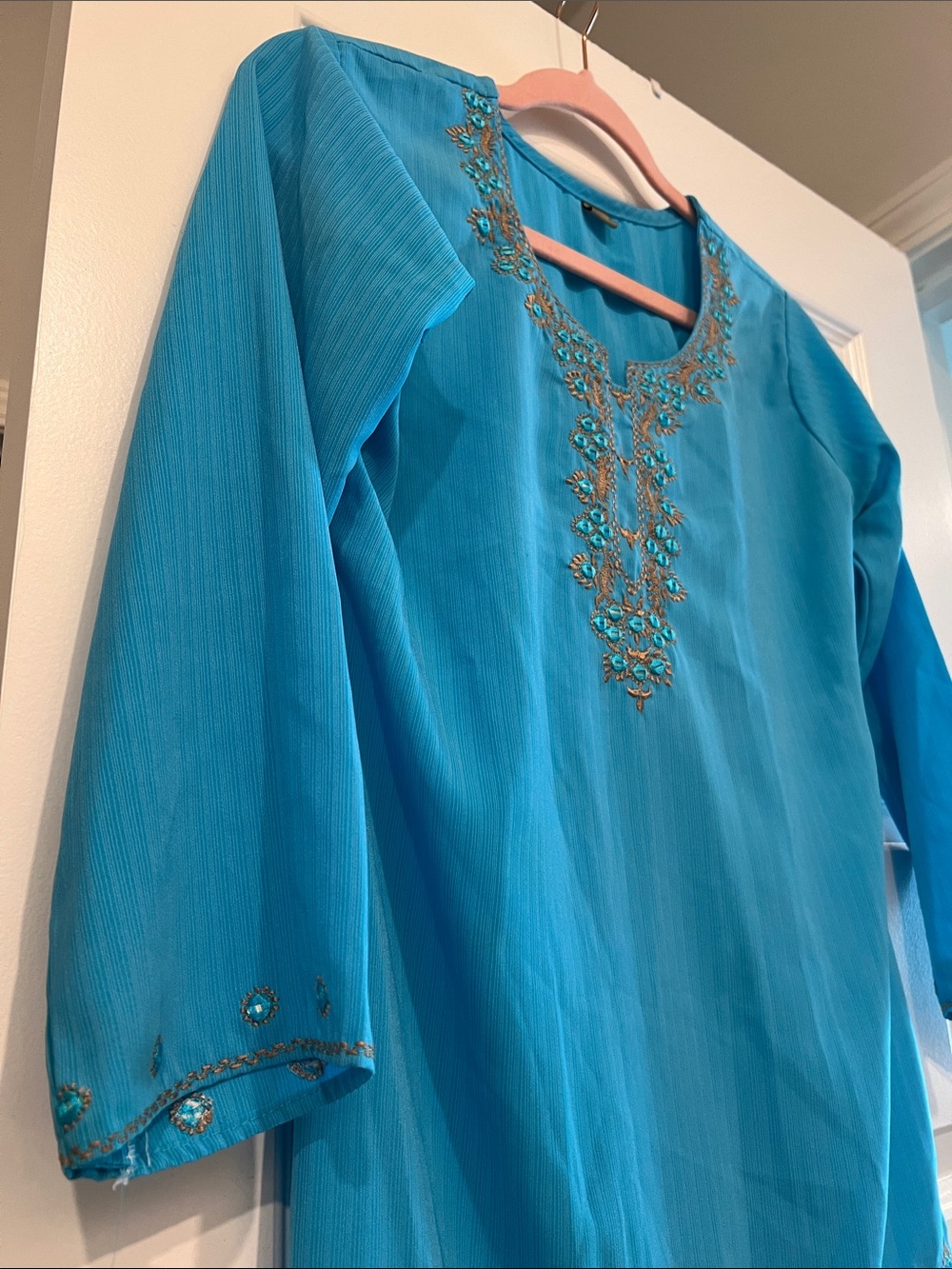 Embroidered Turquoise  Tunic Top with Gold Accents - Picture 7 of 14